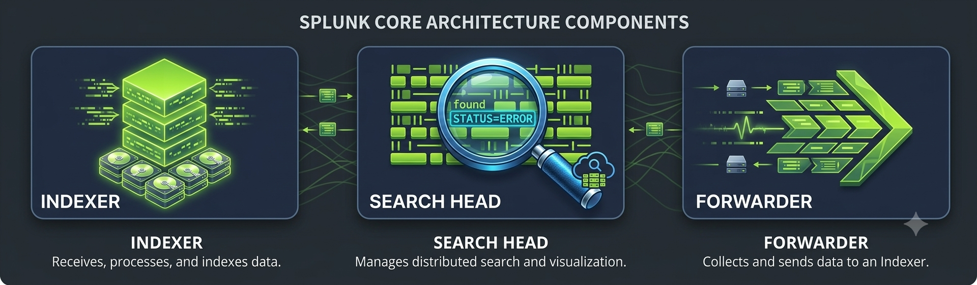 Diagram showing the main Splunk components: forwarder, indexer and search head