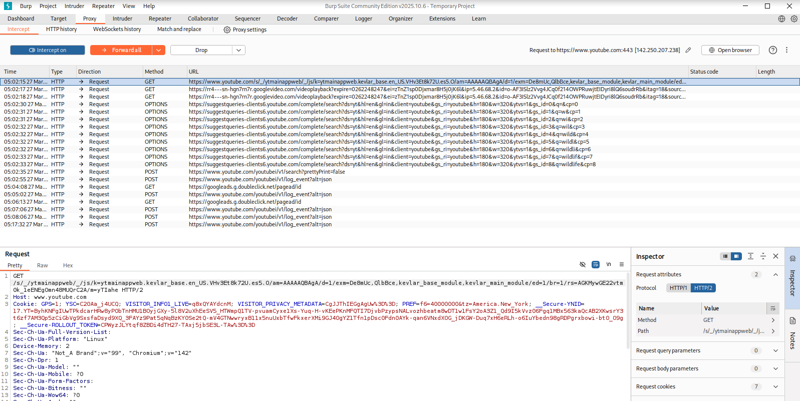 Burp Suite proxy capturing HTTP requests