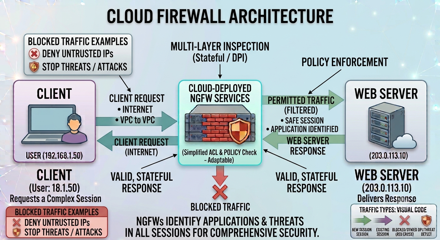 Cloud firewall architecture diagram showing cloud firewall protecting virtual networks and cloud workloads