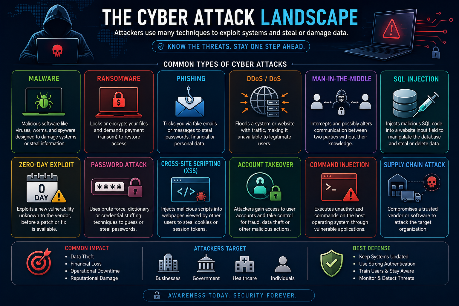 Cyber Attack Landscape diagram showing an attacker targeting various assets