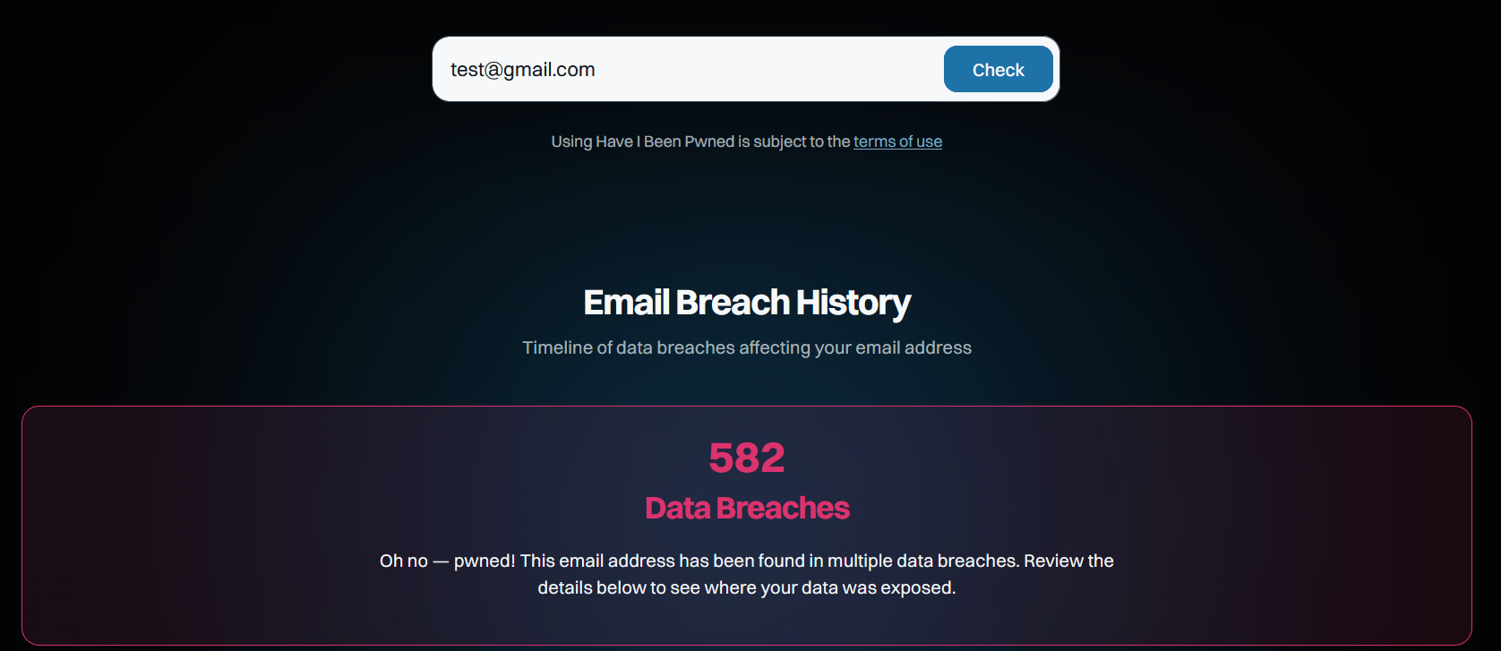 Example email breach check result listing the data breaches an address appeared in
