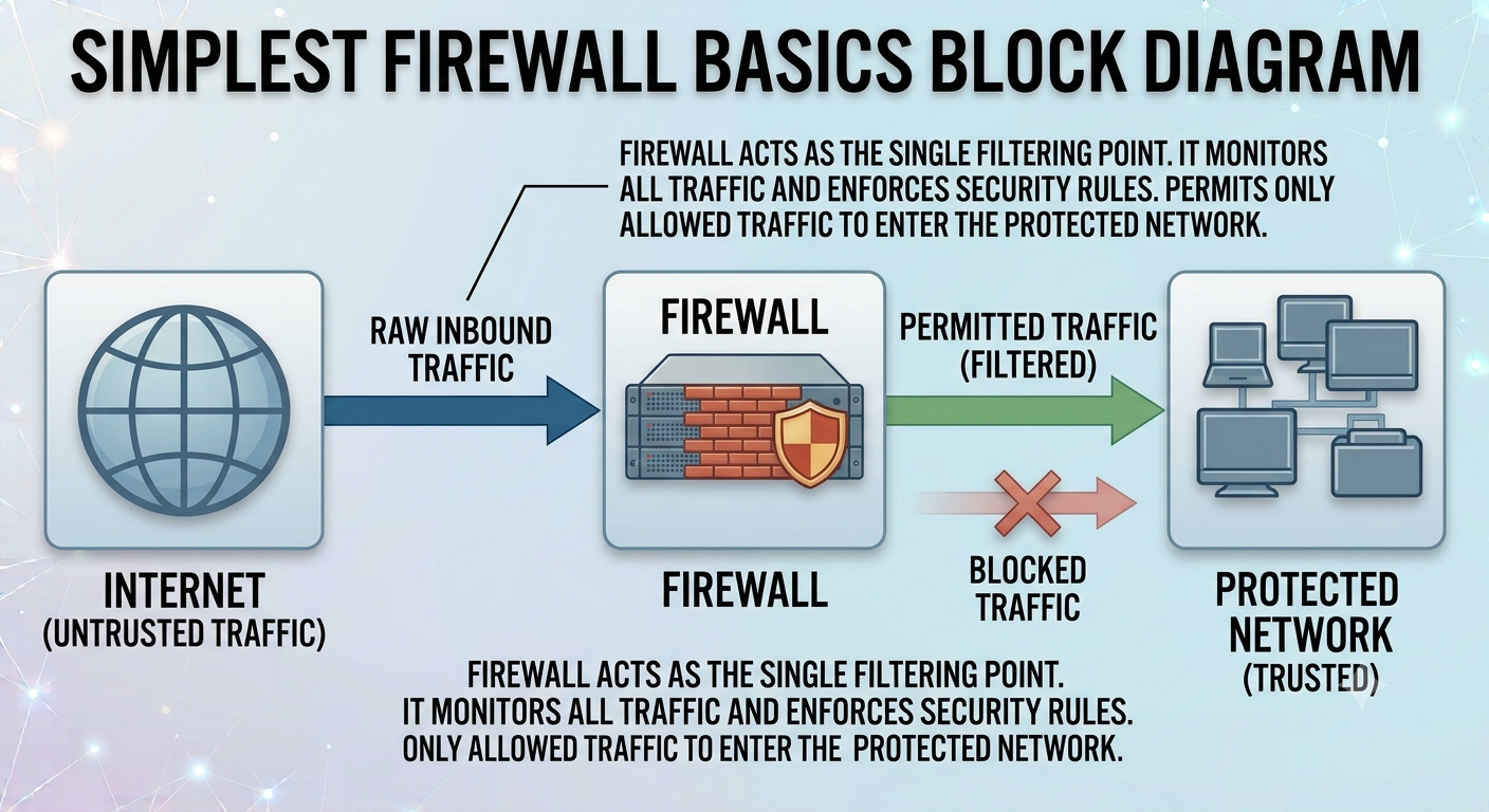 Firewall basics overview diagram showing internet, firewall, and protected network