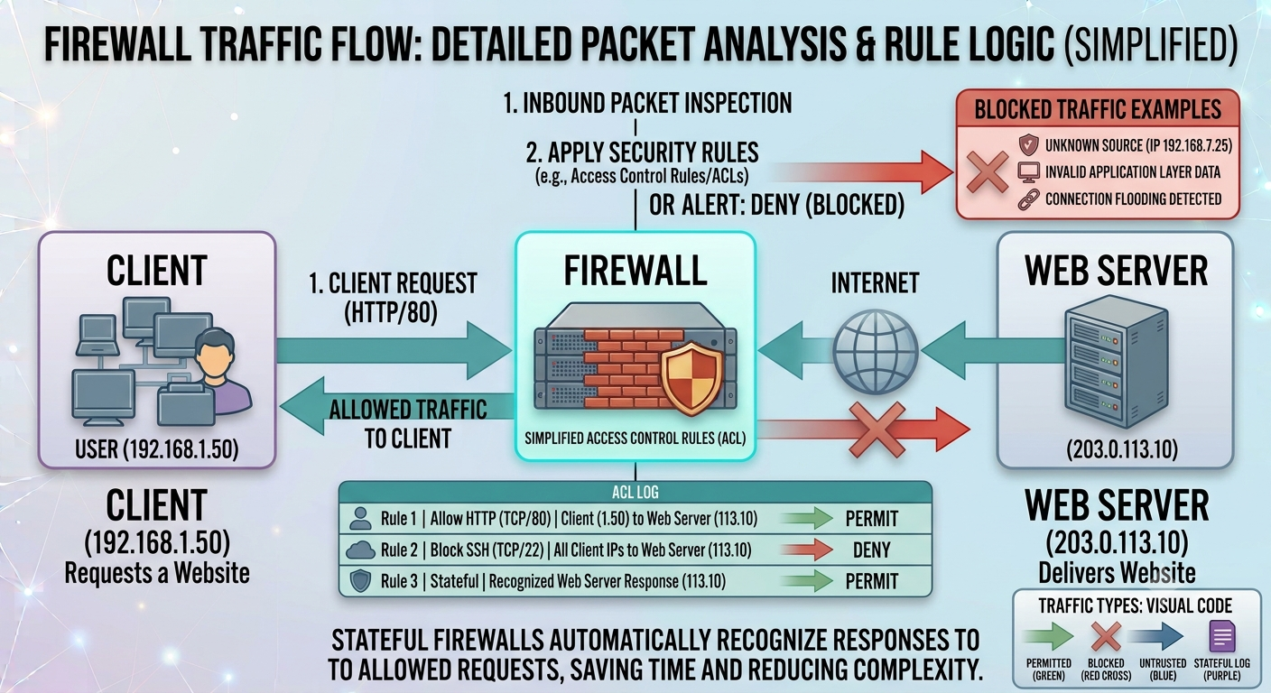 Firewall traffic flow diagram showing client, firewall, internet, and web server