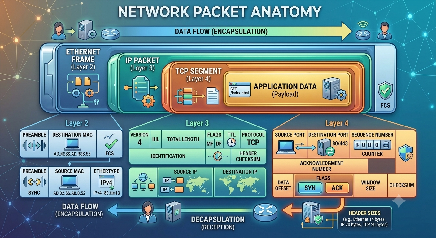 Network packet anatomy showing Ethernet header, IP header, TCP/UDP header, and application payload