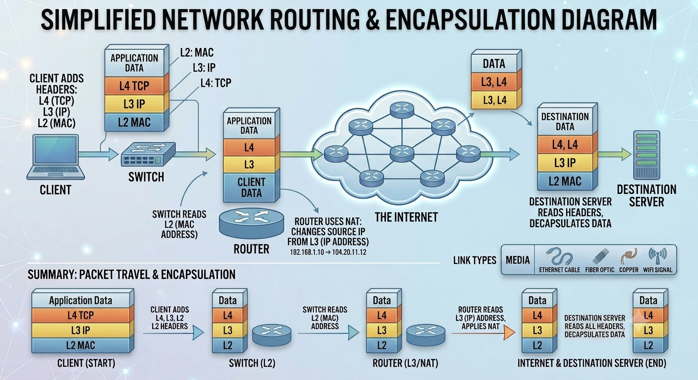 Network routing diagram showing client, switch, router, Internet, and destination server