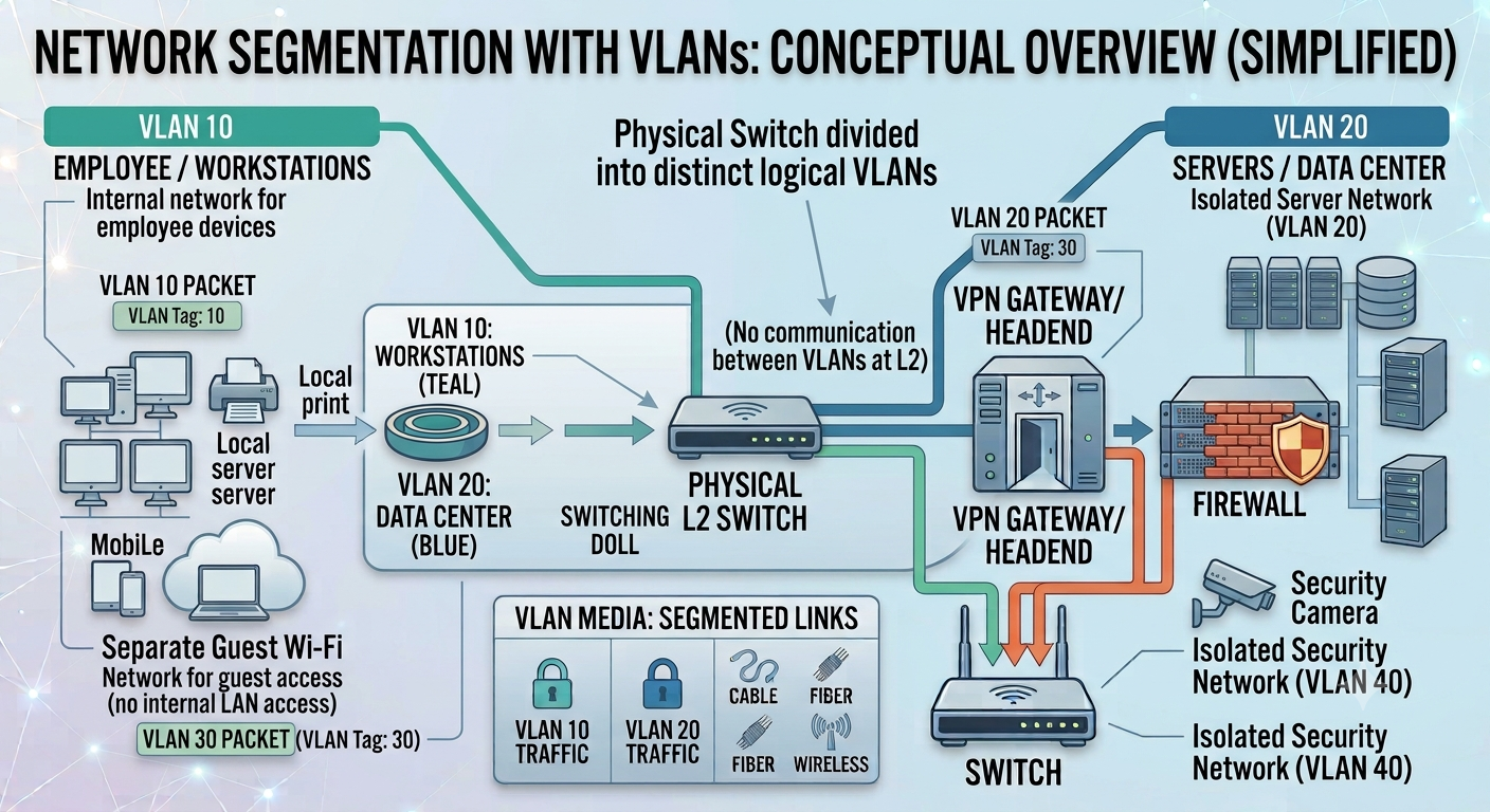 Network segmentation VLANs diagram showing employee, server, guest, and management VLANs separated by firewall policies
