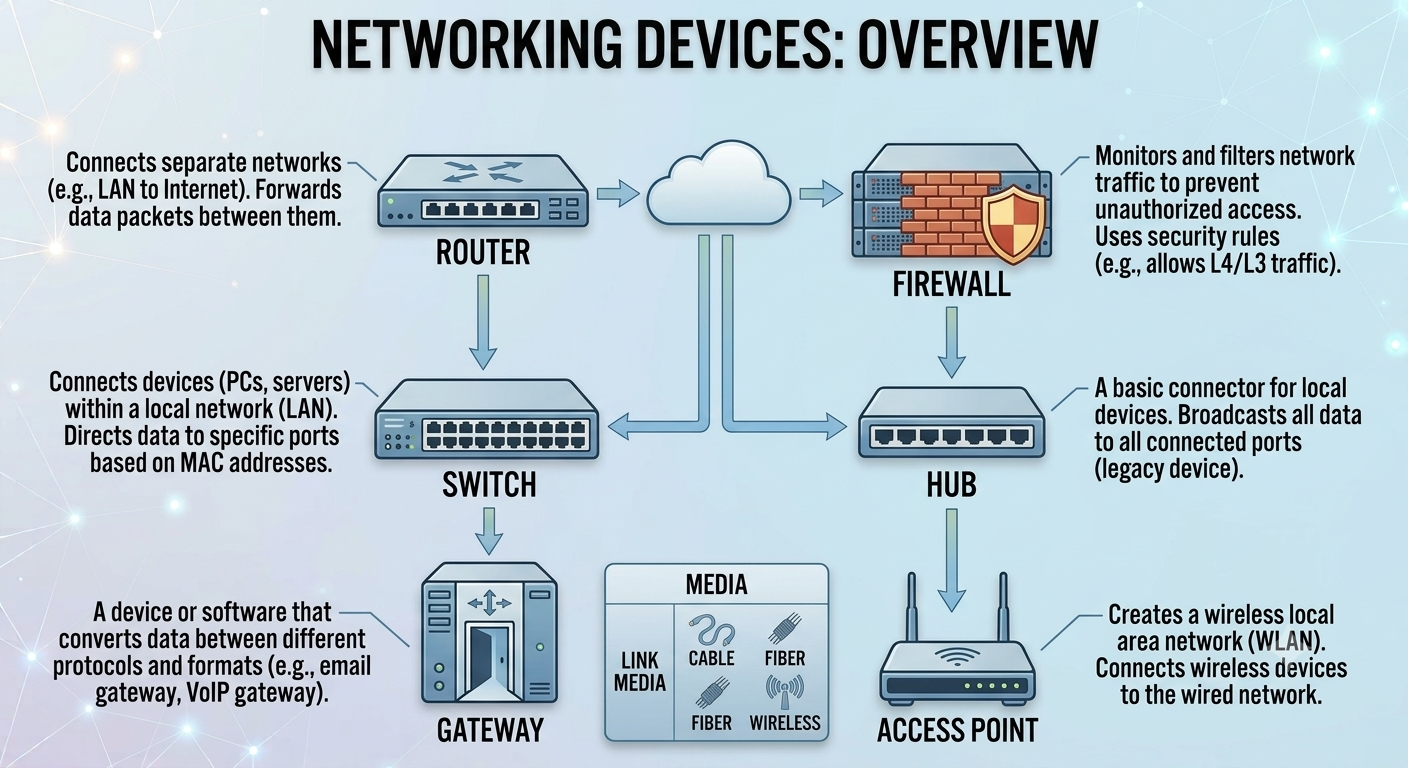 Networking devices overview showing router, switch, firewall, access point, hub, and gateway with their roles