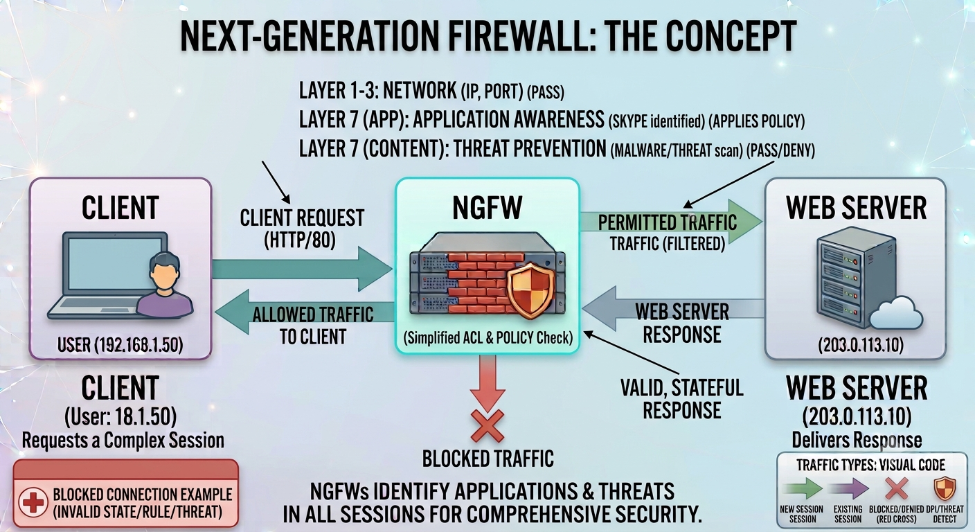 Next-generation firewall layers diagram showing network filtering, application awareness, inspection, and threat prevention