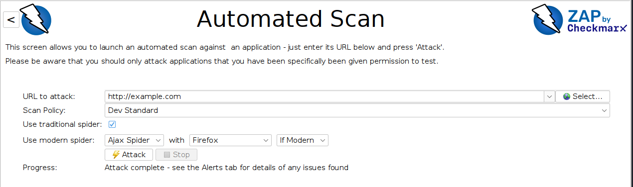 OWASP ZAP Quick Start tab with automated scan target field