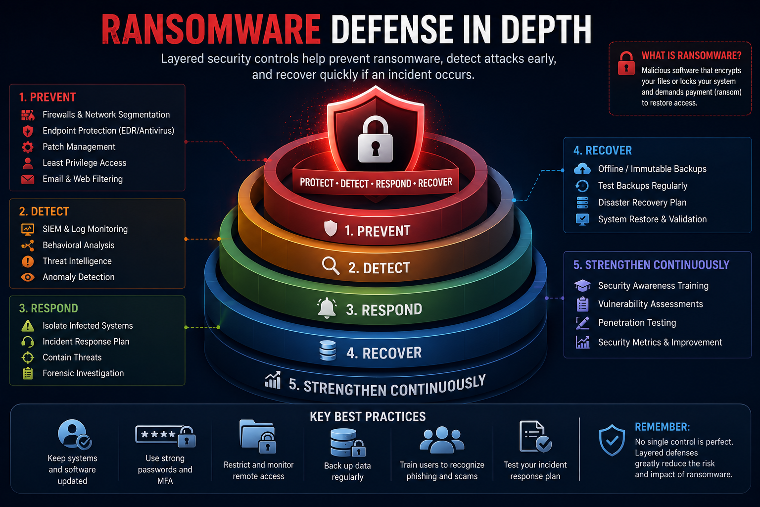 Ransomware defense layers showing email security, MFA, endpoint protection, network controls, backups, and incident response