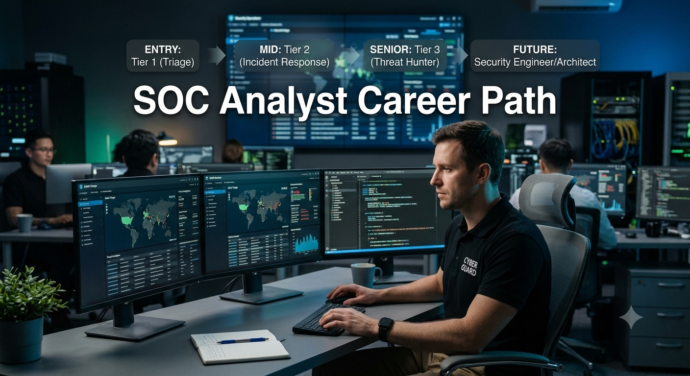 SOC analyst career path roadmap showing foundational skills, SIEM training, practical labs, and entry-level cybersecurity job preparation