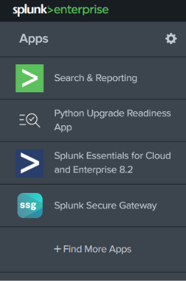Splunk Apps panel displaying applications installed on the Splunk instance