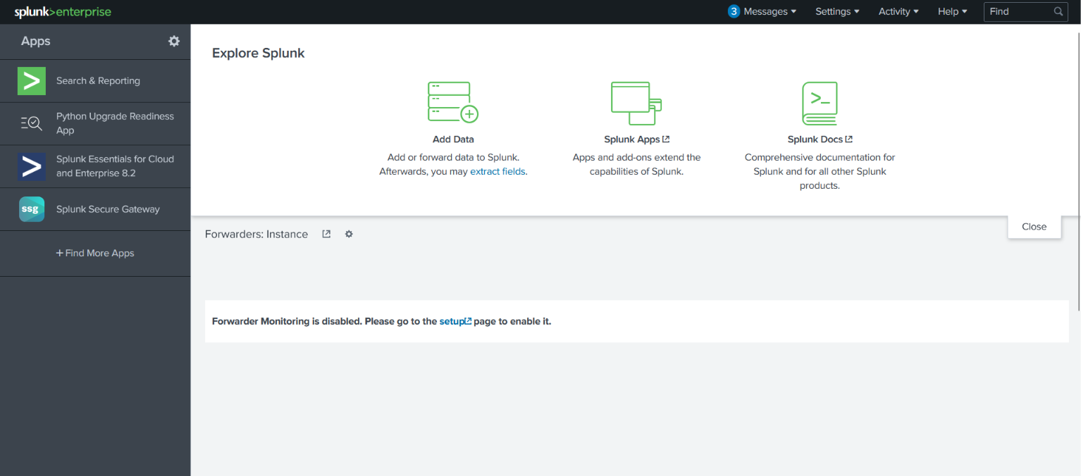 Splunk home screen showing the main navigation and app entry points