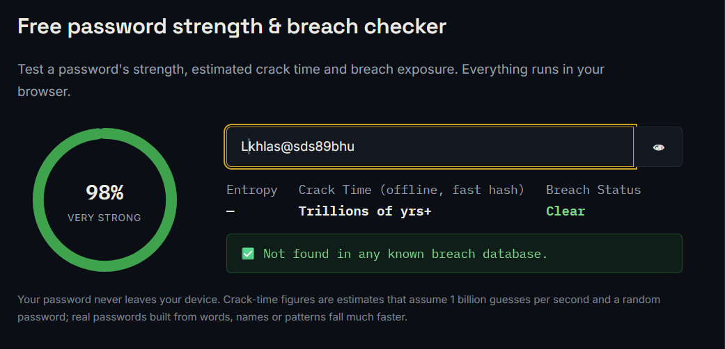PasswordGeeks checker showing a strong password with a high strength score, very long crack time and no breach found