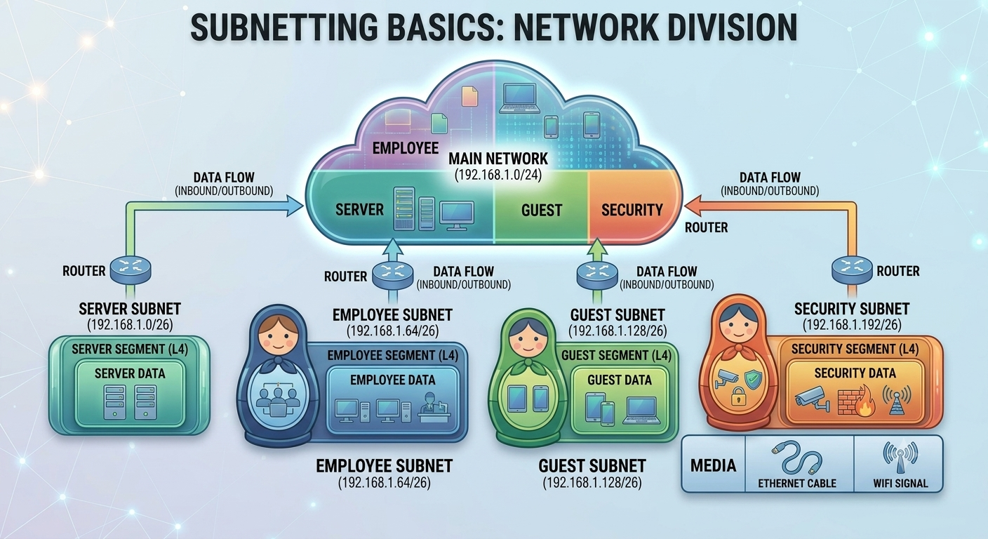 Subnetting basics diagram showing one network divided into employee, server, guest and security subnets