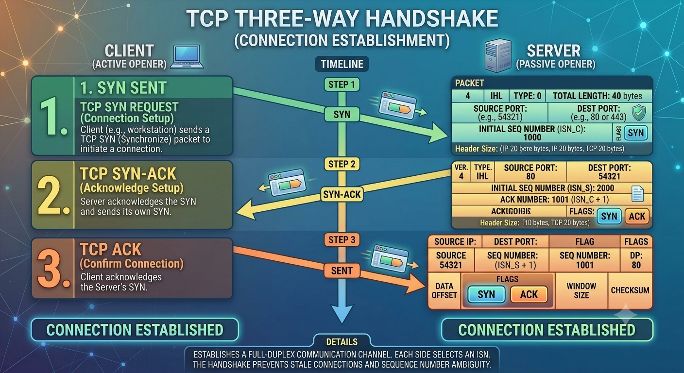 TCP Three-Way Handshake diagram showing SYN, SYN-ACK, ACK