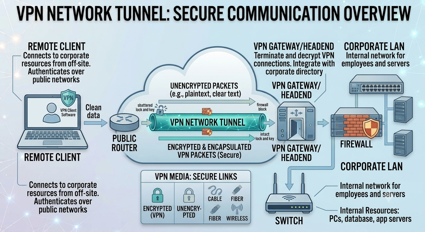 VPN network tunnel diagram showing remote user, encrypted tunnel, VPN gateway, and private network
