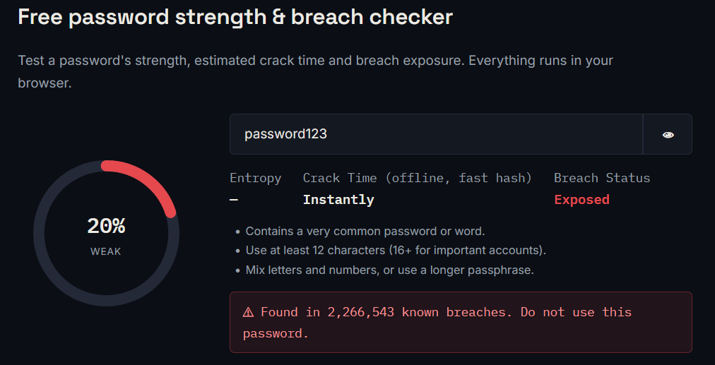 PasswordGeeks checker showing a weak password with a low strength score, short crack time and breach warning
