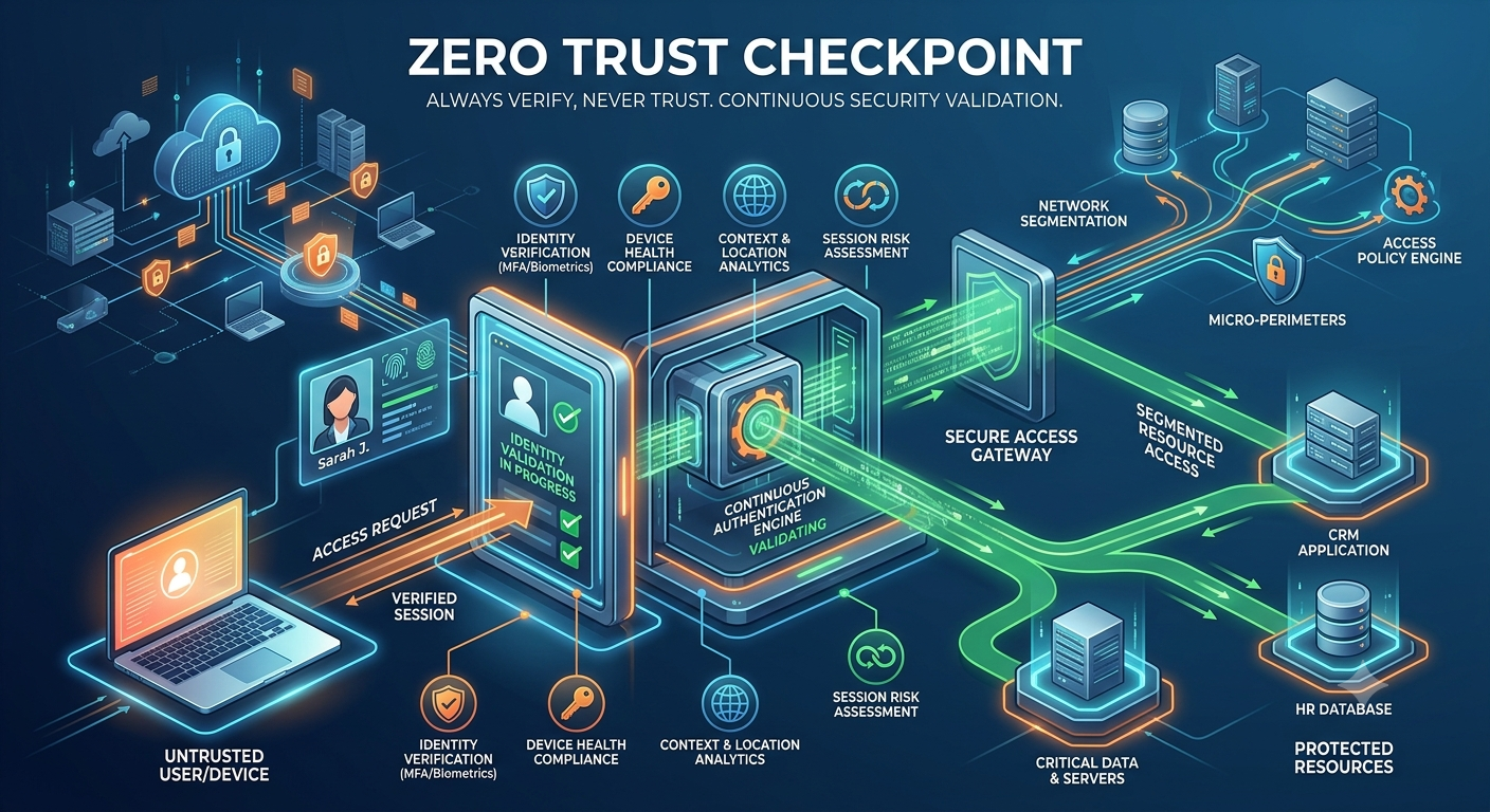 Zero Trust illustration showing identity verification at every doorway, not just the front entrance